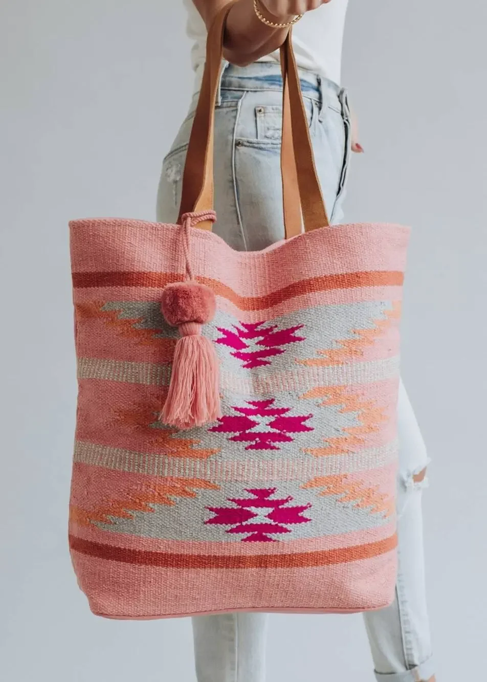 Orange, Pink & Slate Aztec Woven Cotton Tote Bag | Boho Tassel Tote